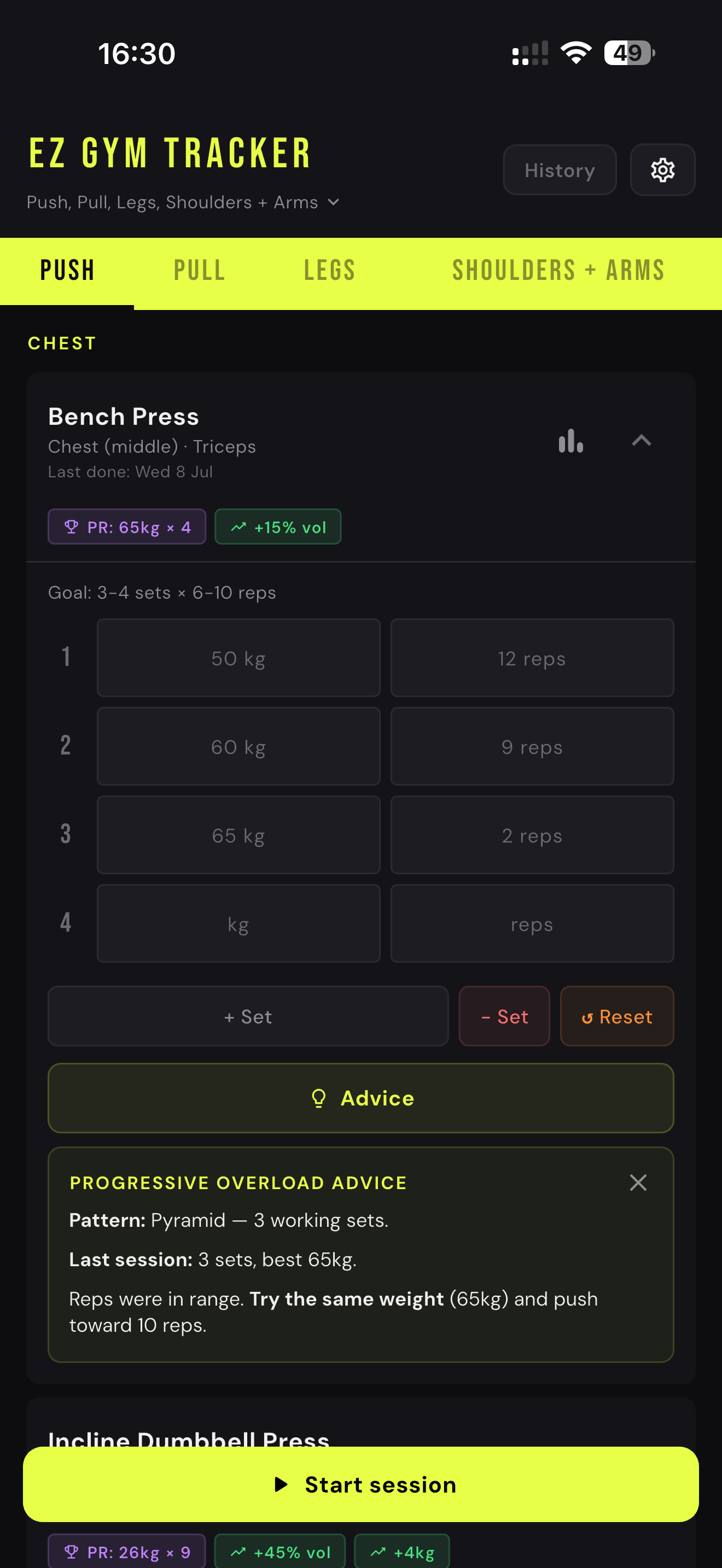 EZ Gym Tracker advice screen