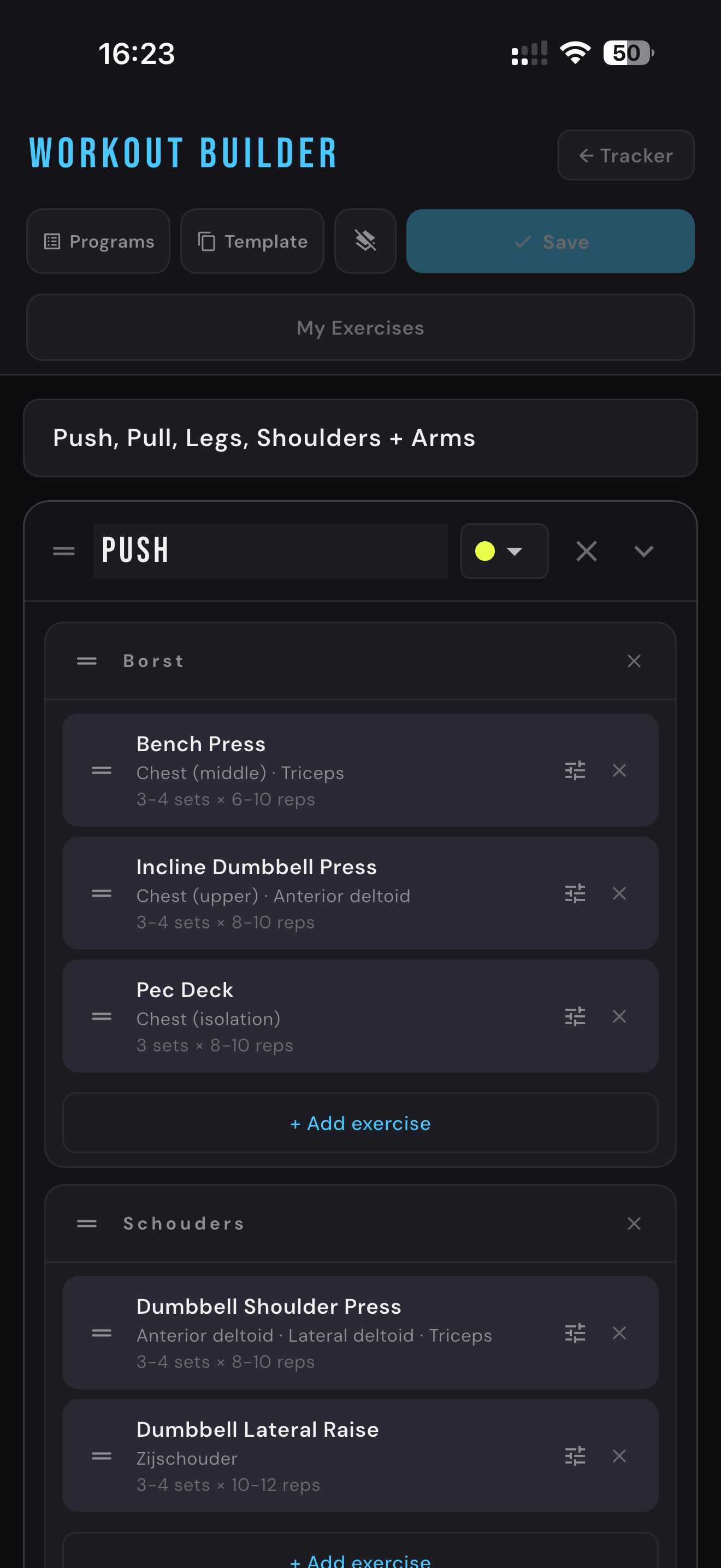 Workout builder screen